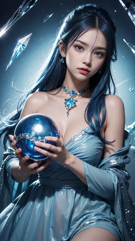 （and soul）（secondary elements）1 girl、((blue hair))、hair length、(blue eyes)、(gradient eyes)、sparkling eyes、bright eyes、finely tuned、expressive eyes、blue clothes、gem、Blue lighting、blue theme、（shape：1.5）、abstract、highest quality、Super detailed、(((Holding a cr...