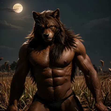 Create an image with ultra-realistic looks of a bipedal fierce furry werewolf, he is inside a sugarcane field on a dark night and full moon. 