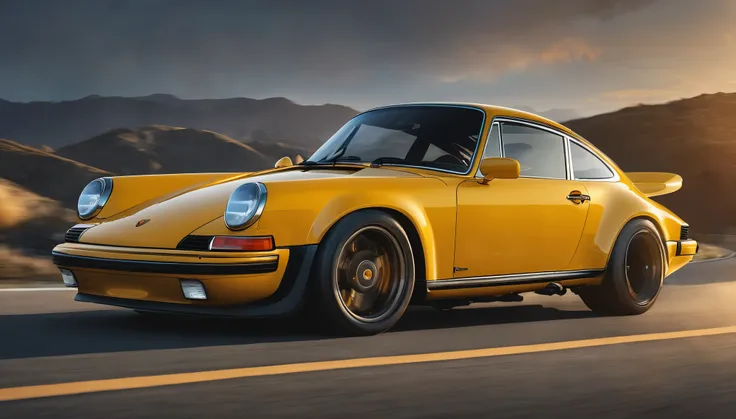 Porsche 911 driving into sunset, photo taken from rear left angle, ultra photorealism, sharp details, wide angle photography, 16k UHD, realistic proportions, fprza horizon 5