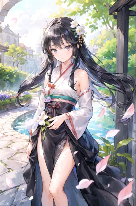 (girl: 1.5), race, ribbon, Hanfu, (masterpiece, side light, delicate and beautiful gray eyes: 1.2), masterpiece, realistic, shining eyes, shiny hair, black hair, long hair, shiny skin, alone, awkward, strapless, delicate, beautiful, garden, flowers, fallin...