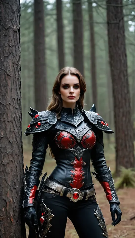 a woman, perfect eyes, perfect face, (ultra realistic:1.5), (standing in forest:1.2), (cowboy shot:1.5), (black dark paladin armor with red ornaments:1.2), (intricate:1.2), (dynamic pose:1.2), (looking at camera:1.2), (best quality:1.2), dark makeup, 