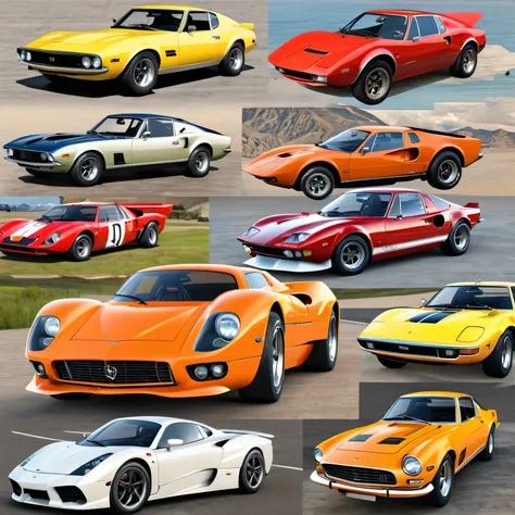 create a collage of 1970 sport cars, pictures, realistic, masterpiece, high detail, no letters, no humans, wallpaper, pattern.