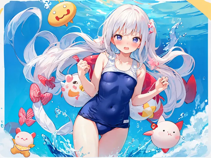 super high quality、School swimsuit with a lot of fabric、small breasts、blush、embarrassing、cute、oxytocin、precious