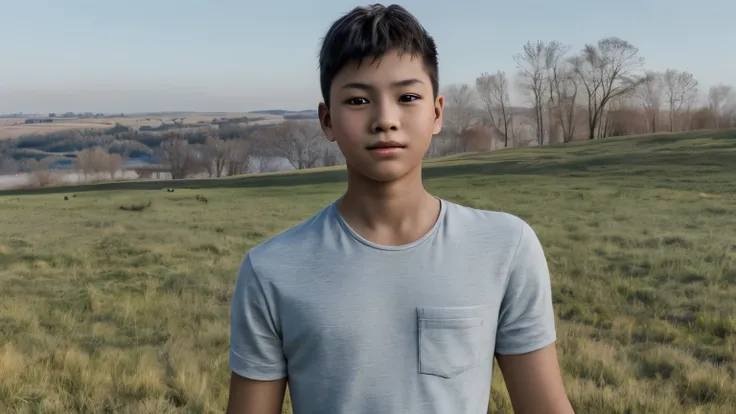 there is a boy standing in front of a grassland