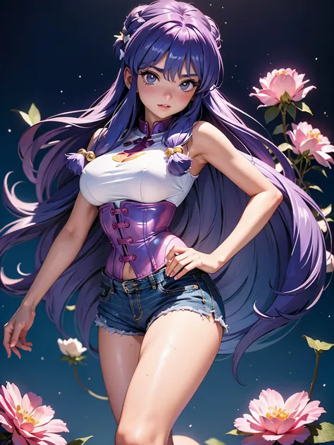 Garota anime cabelo purple com short jeans e corset rosa brilhante, 16 anos, corpo bonito, seios grandes, com as hands on chest, hands on chest, Garota sexy, purple cabelo, mechas de cabelo laterais, mechas de cabelo na lateral do rosto, beautiful lighting...