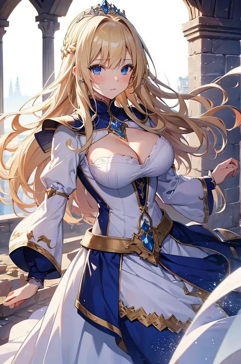 4k,High resolution, one woman,blonde,long hair,blue eyes,big breasts,Princess Knight,white holy armor,heavy armor,White Princess Dresses,princess tiara,jewelry embellishments,long sword,medieval castle town