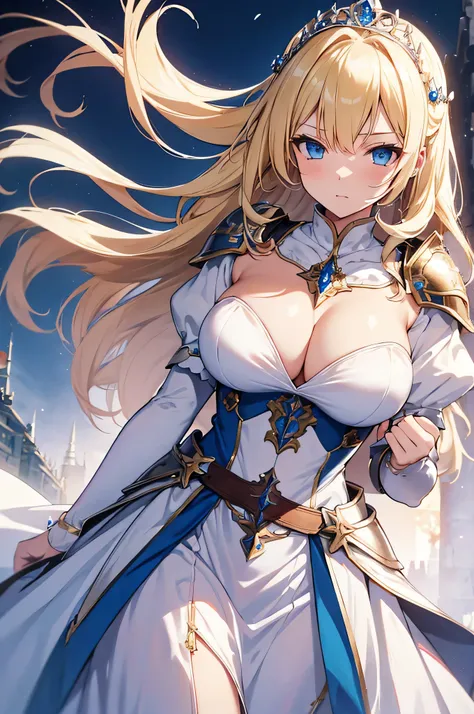 4k,High resolution, one woman,blonde,long hair,blue eyes,big breasts,Princess Knight,white holy armor,heavy armor,White Princess Dresses,princess tiara,jewelry embellishments,long sword,medieval castle town