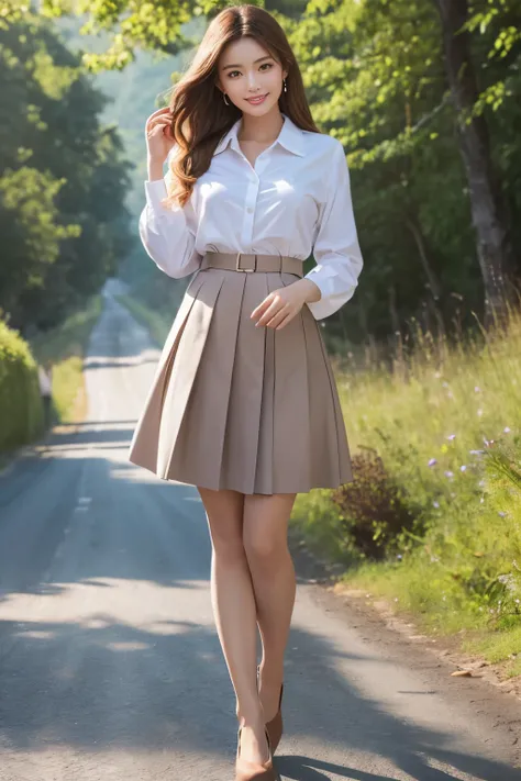 (highest quality、table top、8k、best image quality、Award-winning work)、1 beautiful 、(Long sleeve shirt with polyester collar:1.1)、(Uniform red ribbon on the chest:1.1)、(navy pleated skirt:1.1)、(standing elegantly:1.1)、(Full body photo from head to foot:1.5)、...