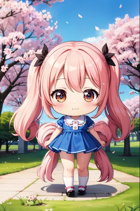 Chibichara　blue sky　Inside the park with cherry blossoms in full bloom　Many cherry blossom petals are dancing　cherry blossom splash art　with my dog　chibi character　wearing a cute yellow costume　Labrador is next door　light blue long hair　twin tails((chibi c...