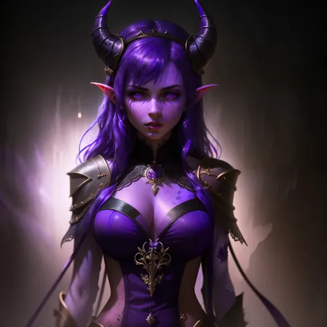 portrait, (solo:1.65), a pretty female tiefling with two big divel horns on head, red eyes, full body, (violet skin:1.8), mistery magic, vengeance, haevy gaze, atmosphere, hell background fantasy style, hyper realism, artstation,, (dark shot:1.17), epic re...