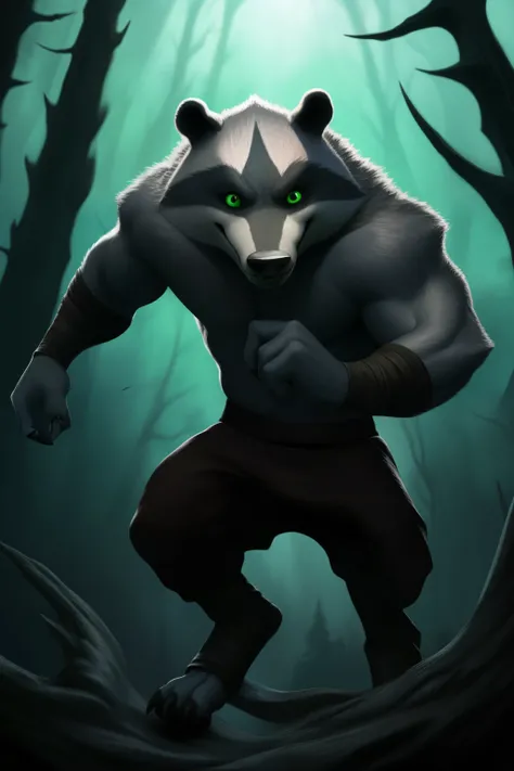 In the dimly lit room, an evil-looking badger with a green and black body stands in an animated pose, ready to pounce. This intricately detailed, high-quality painting or animation showcases every muscle and fur on the badgers menacing frame. The badgers s...