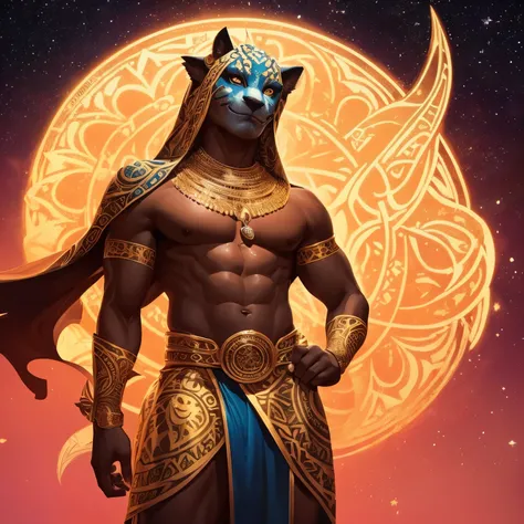 Create an image of Jamir, the Neutral deity of Knowledge, Deception, The Stars, Music, and Trickery, as a majestic jaguar humanoid figure with glowing eyes, draped in a hide of the same pattern. The image should reflect his celestial nature and mischievous...