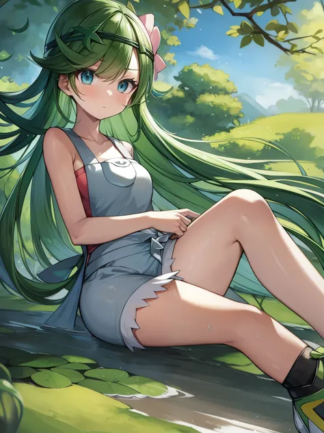 pokémon、forest林浴、mao、green hair、sneakers、forest、denim overalls、flower decoration on head、元気に跳ねた二つ結びの長いgreen hairが特徴的。the proof i...