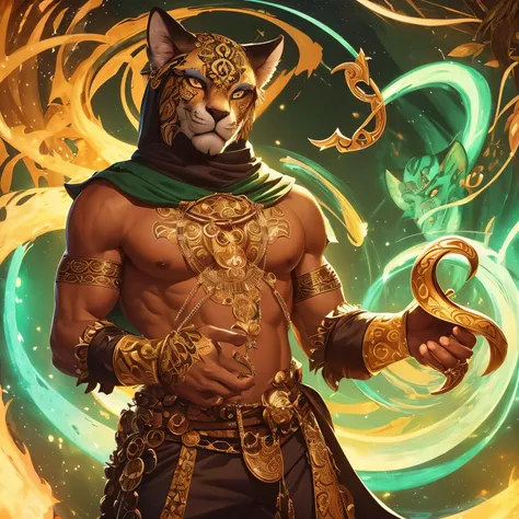 create an image of jamir, the neutral deity of knowledge, deception, the stars, music, and trickery, as a majestic jaguar humano...