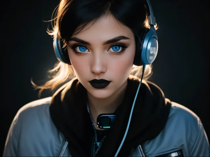 Create a masterful Obra maestra, Close-up of a 22-year-old goth DJ wearing headphones, with big light blue eyes, looking straight ahead with a defiant and sexy look inspired by Drew Struzan, moon light, 8k UHD, digital slr camera, Fujifilm XT3