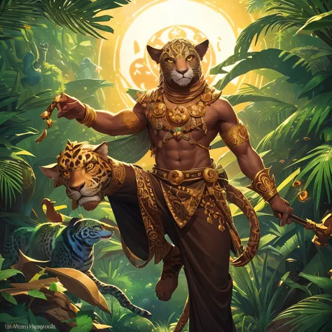 Create an image of Jamir, the Neutral deity of Knowledge, Deception, The Stars, Music, and Trickery, as a majestic jaguar humanoid figure with glowing eyes, draped in a hide of the same pattern. The image should reflect his celestial nature and mischievous...