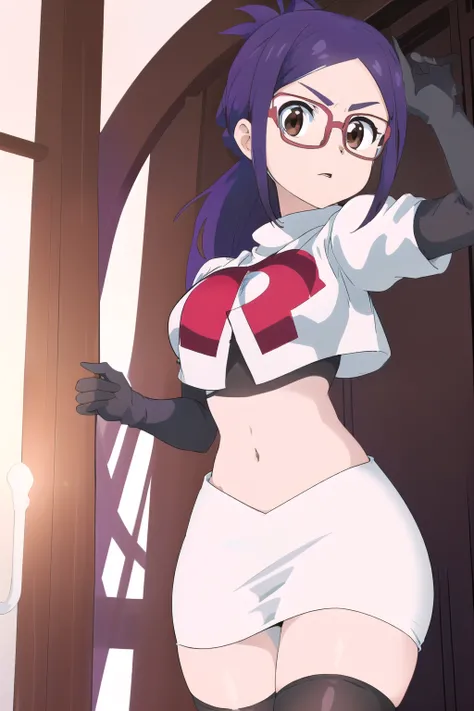 masterpiece, highres, 1girl, brown eyes,purple hair, AmiAsaiR4, glasses, portrait, (white background) , ponytail, team rocket,team rocket uniform,white skirt,red letter R,crop top,black thigh-highs,black elbow gloves