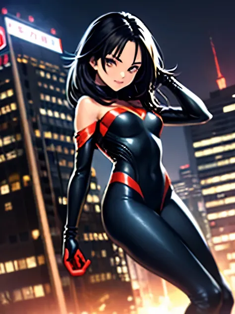 highest quality、long black hair woman、Rin々new expression、slim body shape、small breasts、dark blue spiderman suit with yellow pattern、off shoulder、Thigh exposure、Run、Full of dynamism、buildings at night