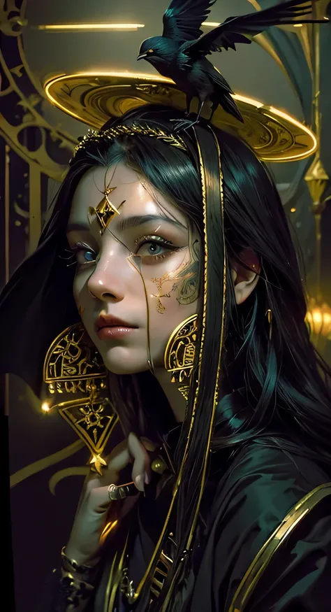 a closeup of a woman with a bird on her head, in dark robes with gold details, Neoartcore y Charlie Bowater, charlie bowater art style, un impresionante retrato de una diosa, Dark fantasy portrait, estilo de charlie bowater, in style of dark fantasy art, p...