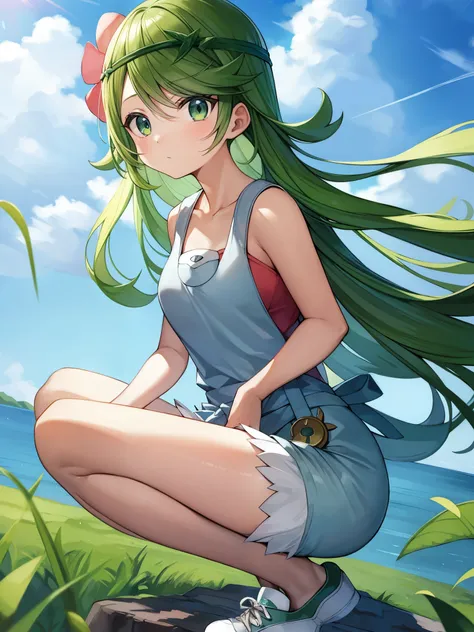 pokémon、forest林浴、mao、green hair、sneakers、forest、denim overalls、flower decoration on head、元気に跳ねた二つ結びの長いgreen hairが特徴的。the proof i...