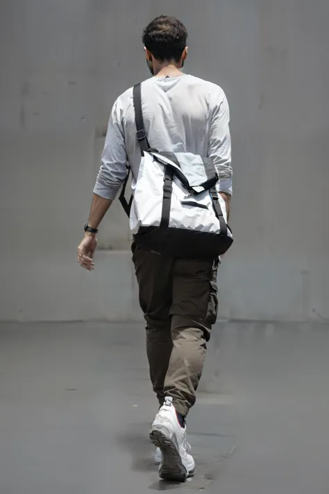 arafed man walking with a Bag and a drink in his hand, man walking, admit photo, 一个背着背Bag的男人, rendering, Carrying a big Bag, Bag, man walking through city, high contrast, admit shot, casual streetwear, loose, admit, 他拿着一个黑色公文Bag, hyper-realistic style, wea...