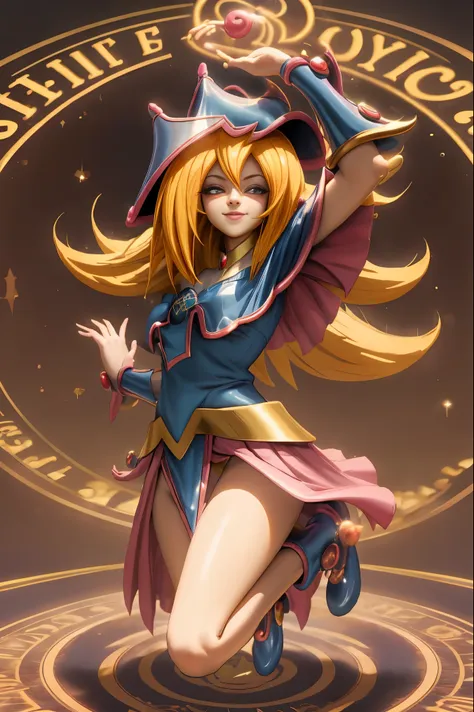 dark magician gils en el aire, she comes out of a magic circle of the heart. magic hearts background. sonrisa en sus labios. ojo...