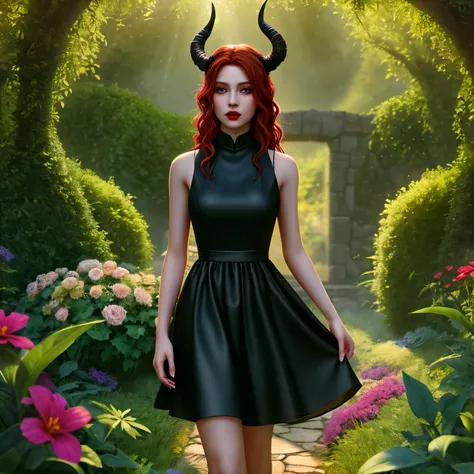 a pretty female tiefling with two big devil horns on head, red eyes, full body,detailed eyes, detailed lips, long eyelashes,beautiful skin, unique facial features,dark lipstick,fire-red hair, wearing a stylish and elegant black dress, standing in a lush gr...