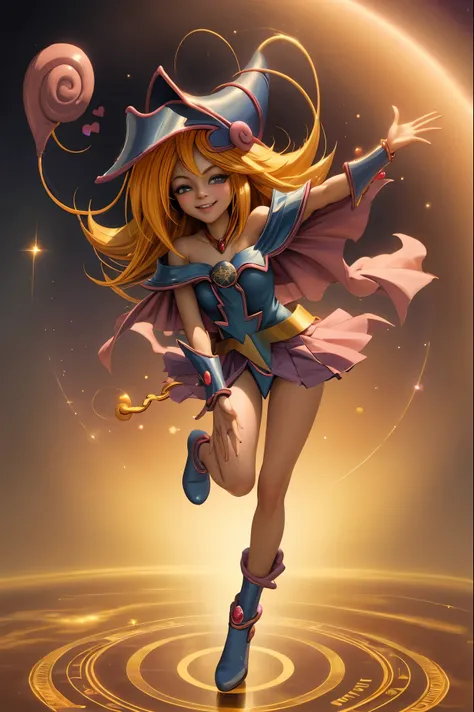 Dark magician gils en el aire, she comes out of a magic circle of the heart. Magic hearts background. Sonrisa en sus labios. Ojos celestes. Cabello dorado. Pose sensual. Levitando en una pie.