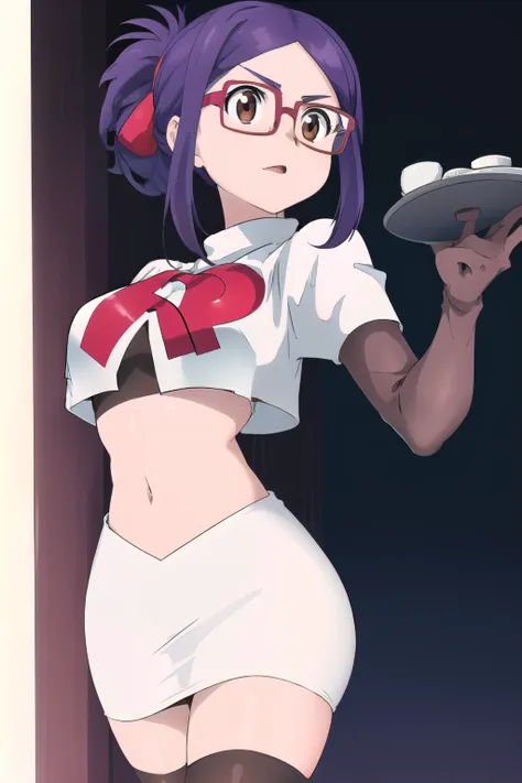 masterpiece, highres, 1girl, brown eyes,purple hair, AmiAsaiR4, glasses, portrait, (white background) , ponytail, team rocket,team rocket uniform,white skirt,red letter R,crop top,black thigh-highs,black elbow gloves