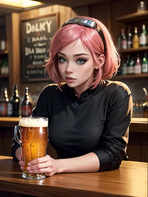 ((sexy, at bar, 1girl, daily life, pink hair, beer, drinking)); ((1boy, drinking, beer, daily life, black hair)) ((black shirt))