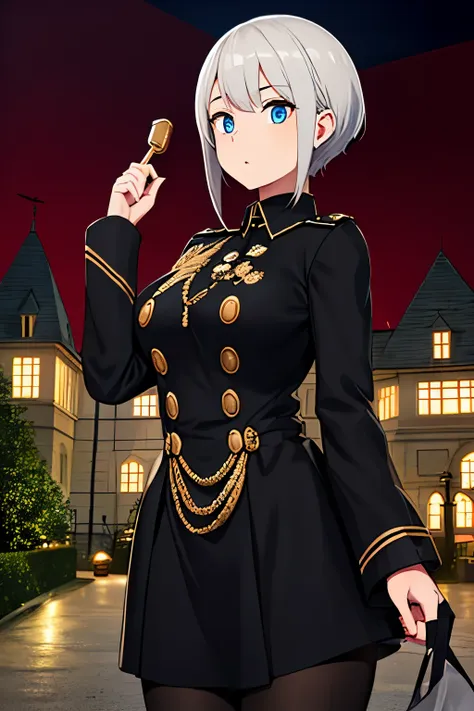 a girl wearing a prussian military uniform, black with gold trim, silver hair, faint blue eyes, outside a german castle at night...