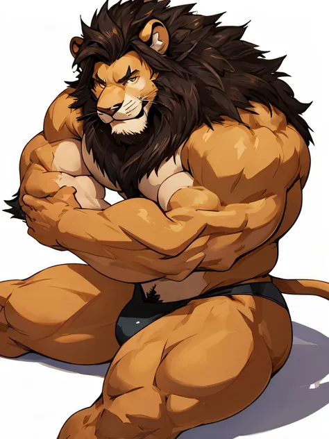 Lion, good looking, male, anthro, ultradetailed, muscular, solo, bareness, rippling muscles, muscles, simple background, white background, tail, smiling, pose, open legs, thong, furness, big pecs, bara,