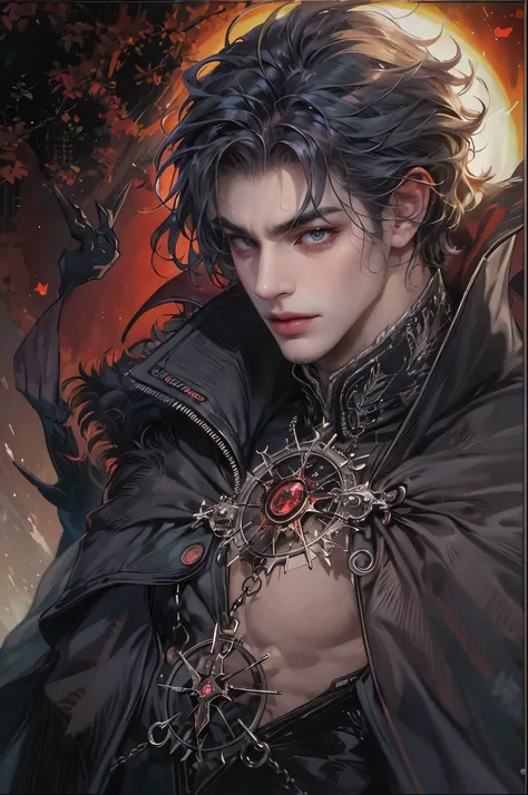 ((Best quality)), ((masterpiece)), (detailed), ((perfect face)), ((halfbody)) handsome face, male, teen boy,  perfect proportions , a male character hero from vampire saviour comics in a gnostic outfit showing chest, succubus, incubus, vampire, dark cape, ...