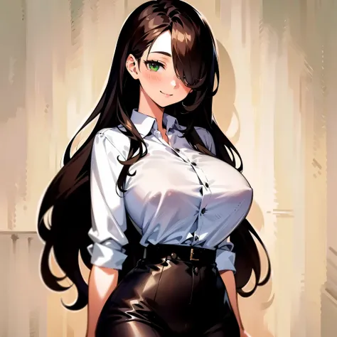 1woman, long curly dark brown hair, hair over one eye, green eyes, medium breast, wide hips, white buttoned shirt, black pants, blush, smile, solo, ((best quality)), ((masterpiece)), portrait, simple background, looking at the camera, from the front, ((det...