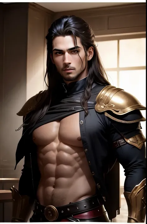 Crazy Magician, cabelo preto desgrenhado, jovem super lindo(Jaws like the real thing)Sorriso incomum, Special forces costumes,With a great sword from Japan. linda foto realista, Photo Graphics, Jovem de 23 anos, Uniforme de combate preto e vermelho,Tiro ce...