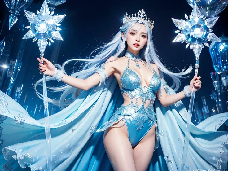 ( absurdly , high quality , Super detailed,(See photographer )、Ice Queen,Crystal costume with detailed, beautiful and colorful patterns,ice queen,ice World,fantasy palace of god
