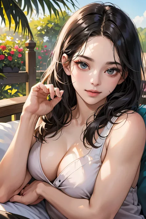 (table top, digital art, digital illustration, 4k, 8k, Super detailed, beautiful images, clear image, realistic, RAW photo, perfect face, perfect lines, perfect eyes, soft lighting) ,1 female, (long black hair,straight hair,bullish look,Beautiful woman,gra...