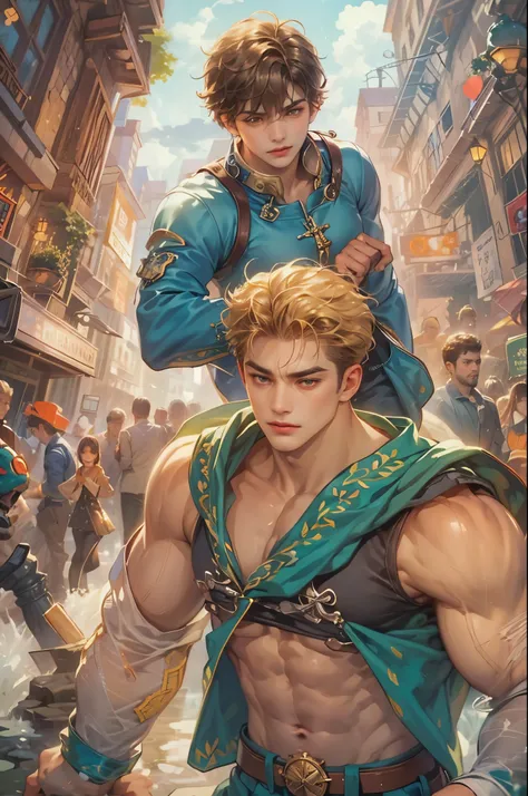 ((Best quality)), ((masterpiece)), (detailed), ((perfect face)), ((halfbody)) handsome face, male, teen boy,  perfect proportions , a male character hero from marvel vs capcom arcade game, detailed town background, detailed scenery background 