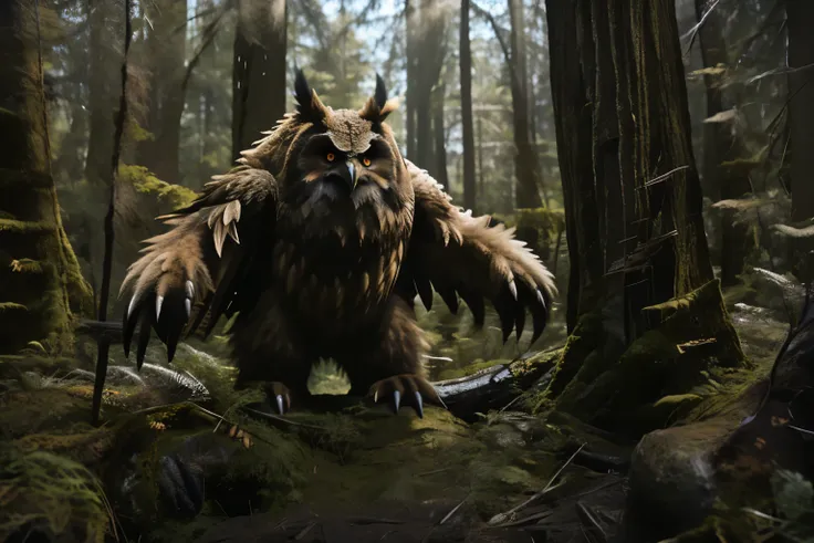 an owlbear standing in a forest, photo realistic, masterpiece, best