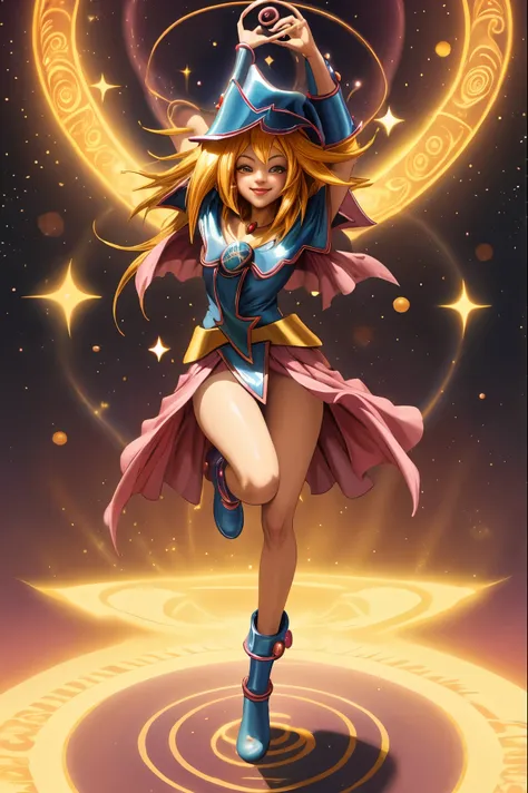 dark magician gils en el aire, she comes out of a magic circle of the heart. magic hearts background. sonrisa en sus labios. ojo...