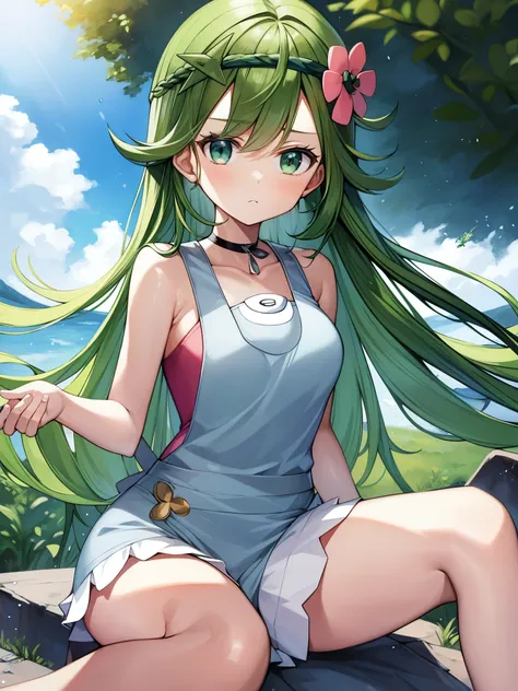 pokémon、forest林浴、mao、green hair、sneakers、forest、denim overalls、flower decoration on head、元気に跳ねた二つ結びの長いgreen hairが特徴的。the proof i...