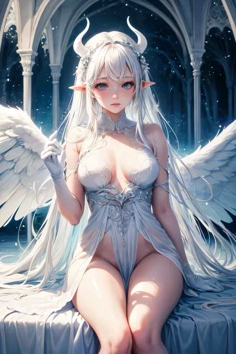 (best quality,photorealistic:1.37),1girl,white angel wings,devil horns,white crown,white earrings,long white hair,loose hair,white boots,white lace gloves,panties,upskirt,ethereal landscape,soft pastel colors,fairy tale,soft lighting,delicate details,dream...