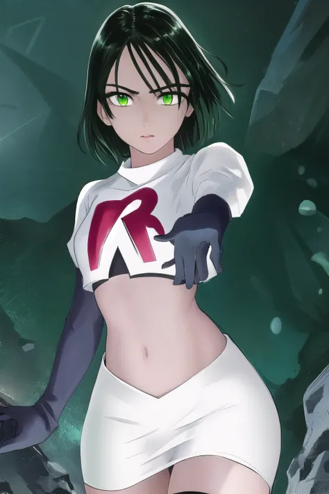 fubuki, fubuki, black hair, (green eyes:1.5), short hair,
BREAK jewelry, necklace, team rocket,team rocket uniform,white skirt,red letter R,crop top,black thigh-highs,black elbow gloves
BREAK looking at viewer, (cowboy shot:1.5),
BREAK (masterpiece:1.2), b...