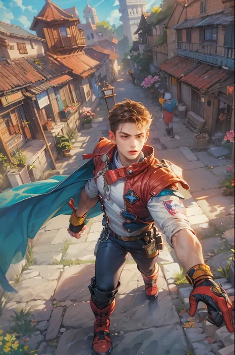 ((Best quality)), ((masterpiece)), (detailed), ((perfect face)), ((halfbody)) handsome face, male, teen boy,  perfect proportions , a male character hero from marvel vs capcom arcade game, detailed town background, detailed scenery background 