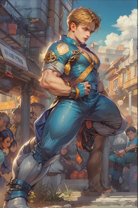 ((Best quality)), ((masterpiece)), (detailed), ((perfect face)), ((halfbody)) handsome face, male, teen boy,  perfect proportions , a male character hero from marvel vs capcom arcade game, detailed town background, detailed scenery background 