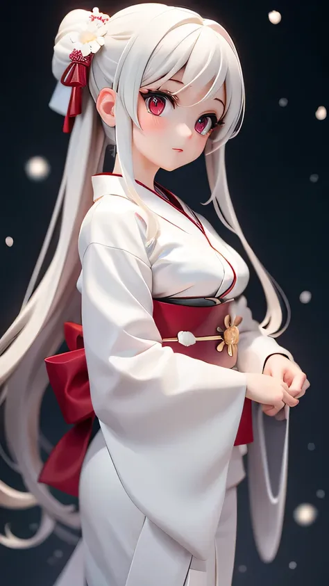 1 Japanese girl, Beautiful virgin,silver hair, Depth of the bounds written, Hmm,,(((masterpiece))), anatomically correct, advanced details, high school girl ,beautiful girl, ((sparkling red eyes)), (all white costume: 1.5), (Pure white kimono with no patte...