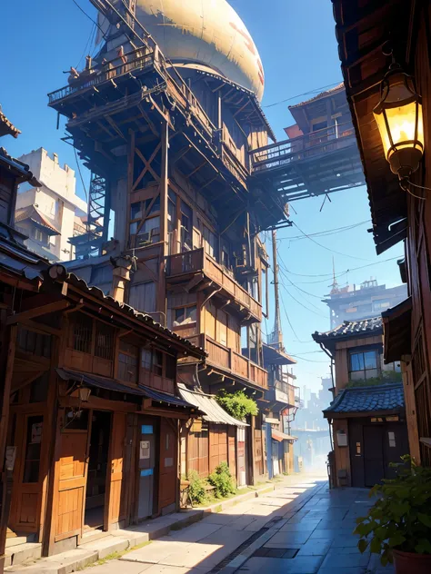 super detalhe, detalhes altos, alta qualidade, 8k, estilo miyazaki, a steampunk style city floating in the sky, nuvens e arquite...