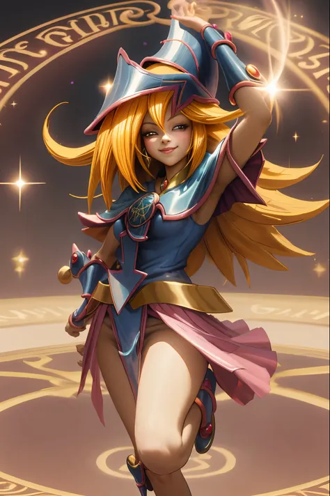 dark magician gils en el aire, she comes out of a magic circle of the heart. magic hearts background. sonrisa en sus labios. ojo...