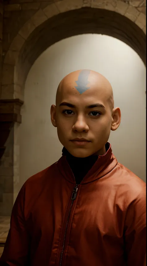 masterpiece, best quality, wallpaper, 1boy, solo, male focus, looking at viewer, upper body, , , , aang_avatar, bald, black eyes, , fantasy,