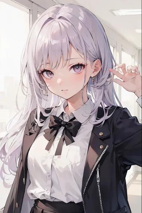 Chica anime con cabello morado, camisa blanca y bolso negro., Chica con pelo corto y blanco., anime visual de una linda chica, joven chica anime, una chica anime, chica anime atractiva, realistic joven chica anime, estilo anime, chica con pelo blanco, retr...